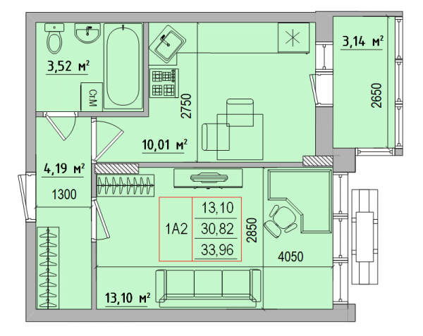 1 комн. квартира, 33.96м²